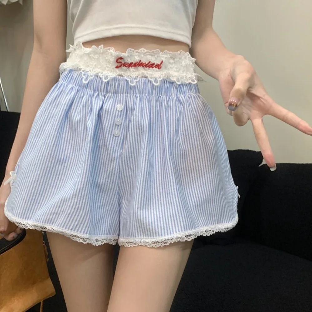 

Casual Loose Lace Plaid Shorts Stripe Mesh Flower High Waist Shorts Lolita Sweet Wide Leg Short Pants Girls