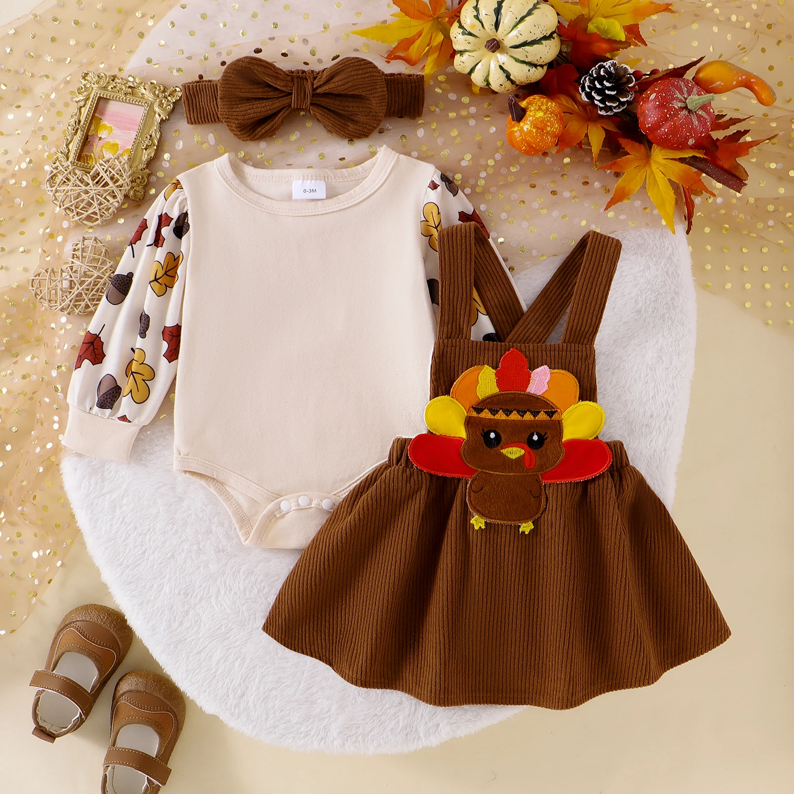 Baby Girls 3PCS Skirt Sets Long Sleeve Romper Santa Claus/Ghost/Turkey Embroidery Suspender Skirt Headband Sets image 3