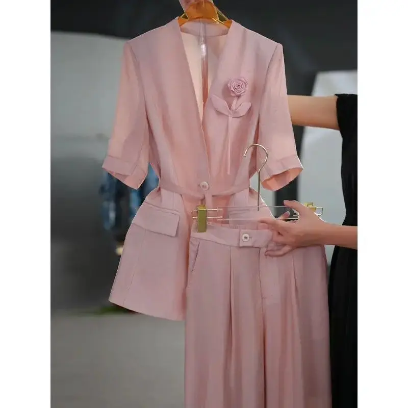 

New Summer Formal Summer Women's Suit Fashion V-neck Short Sleeve Lace Up Slim Waist Blazer Top + Wide-leg Pant Two Piece Set