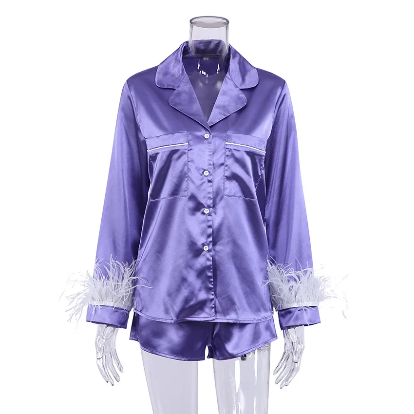 Hiloc Women'S 2 Piece Summer Satin Pajamas Suit Lapel Long Sleeve Feather Cuff Elastic Waist Shorts Casual Home Clothes 2026 New