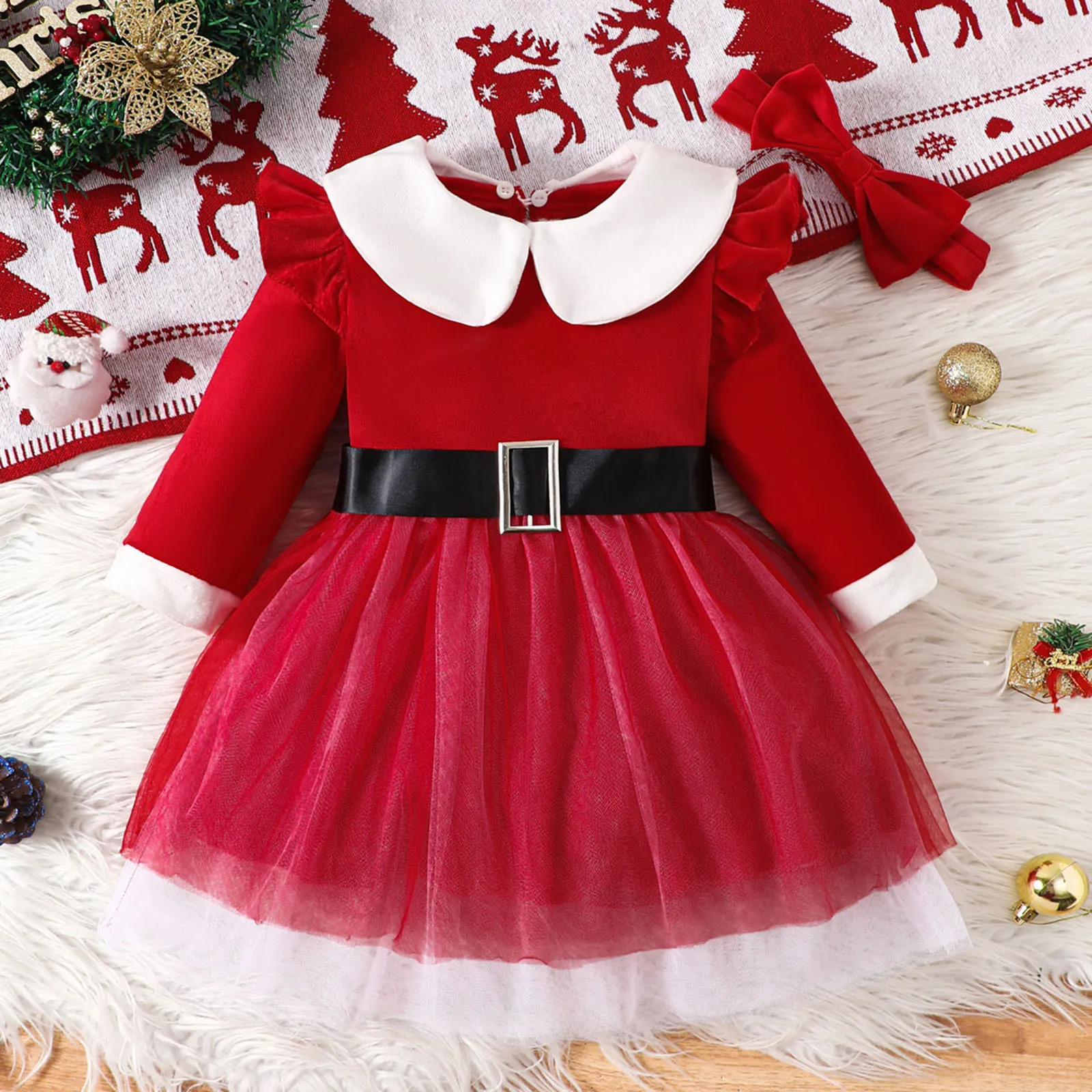 Baby Girls Christmas Dress Santa Claus Fluffy Red Long Sleeve Kids Santa Cosplay Xmas Costume Holiday Party Performace Outfits