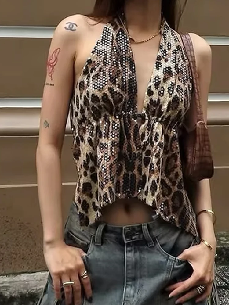 

Weird Puss Leopard Sequins Women Vest Y2K Backless Halter V-Neck Lace-Up Sleeveless Street Skinny Wild Summer Trend Tank Tops