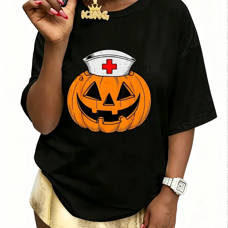 Funny Pumpkin Nurse Scary Halloween Costume Rn Cna Icu Women's 100% Cotton T-Shirt Fun Print Short Sleeve Top Casual Round Neck Tee S-5Xl