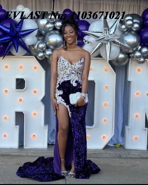 EVLAST Customized Purple Prom Dress For Black Girls 2024 Silver Diamonds Beaded High Slit Party Gala Gown Vestidos De Fiesta P93