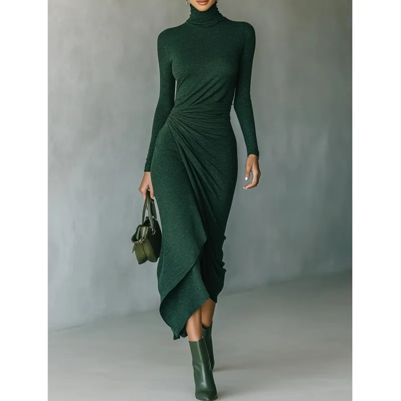 Retro Solid Women's High Waisted Dress Autumn Fashion High Neck Slim Dresses Foreign Style Irregular Hem Design Ladies Vestidos