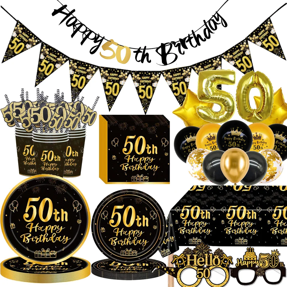 Black Gold Disposable Tableware For 50th Birthday Party Decor Supplies Plates Tablecloth Birthday Banner 32inch Number Balloon