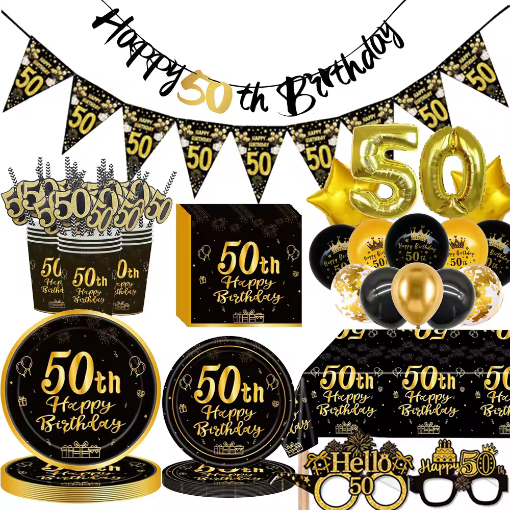 Vajilla desechable de oro negro para decoración de fiesta de 50 cumpleaños, suministros, platos, mantel, pancarta de cumpleaños, globo con números de 32 pulgadas