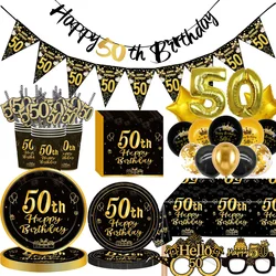 Black Gold Disposable Tableware For 50th Birthday Party Decor Supplies Plates Tablecloth Birthday Banner 32inch Number Balloon