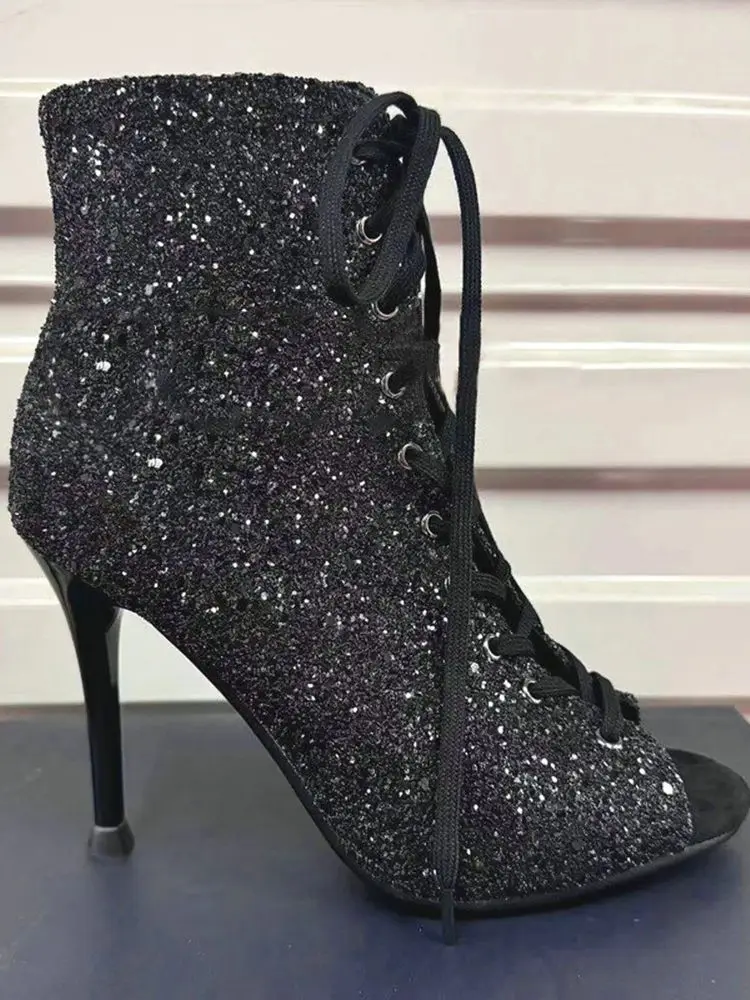 Chaussures de danse en plein air scintillantes noir Champagne paillettes 10cm 8cm chaussures de danse professionnelles à talons hauts Salsa femmes chaussures de fête de danse