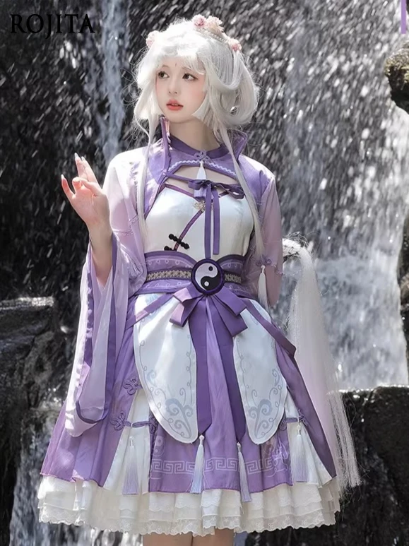 

Taoist Fight Little Zombie Dress Women's Chinese Style Tai Chi Lolita Dress Traditional Hanfu Chiffon Dress with Tassel