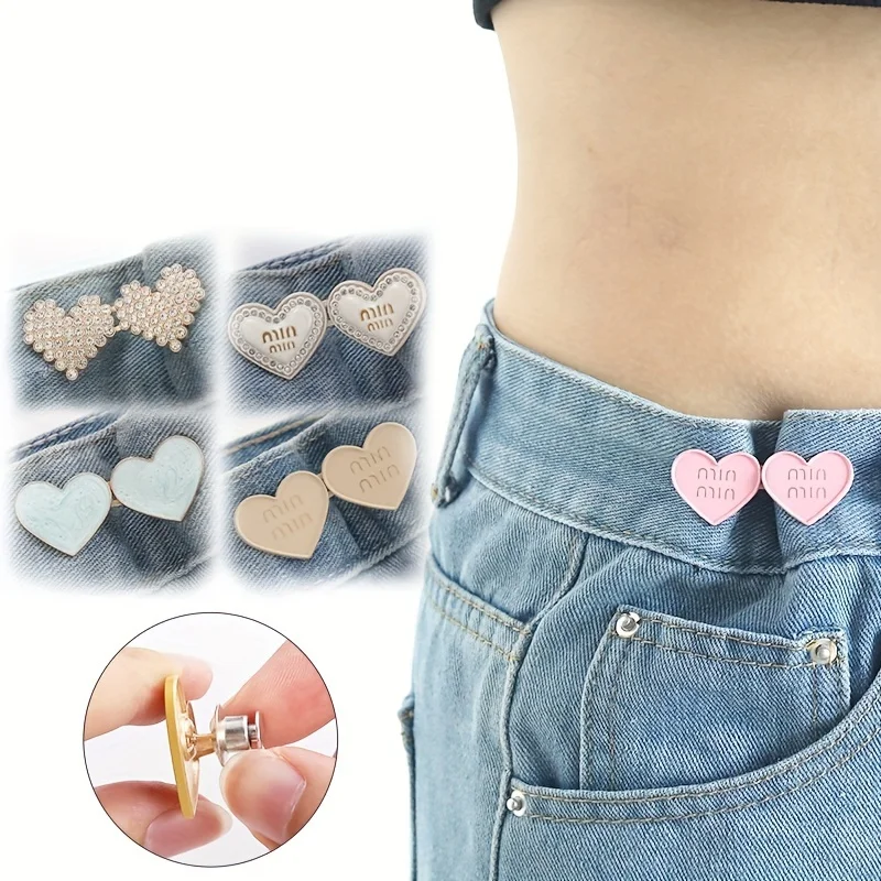 1pair Heart Shape Button Adjustable Clips for Pant Skirts Waist Tightener Buckle Snap Button Adjuster Pants Pin Retractable Butt