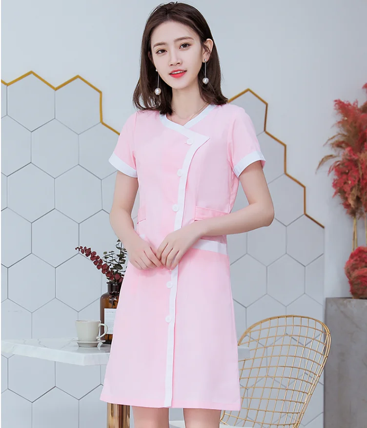 Nurse Summer Workwear Women Front Opening Slim Fit Skincarer Working Uniform Middle Sleeve Spa Clothes Pink Color