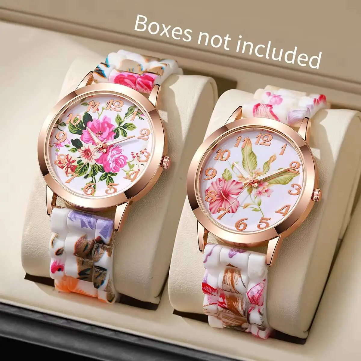 2 قطعة ساعات نسائية عصرية مطبوعة بالزهور كاجوال بسوار سيليكون ساعة كوارتز ساعة Reloj Mujer (بدون صندوق)