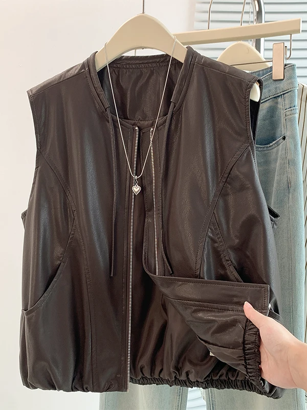 Fall 2026 Korean Design Sense Zipper Sleeveless PU Leather Vest Women's Large Size Loose Shoulder Jacket Top Casual Style