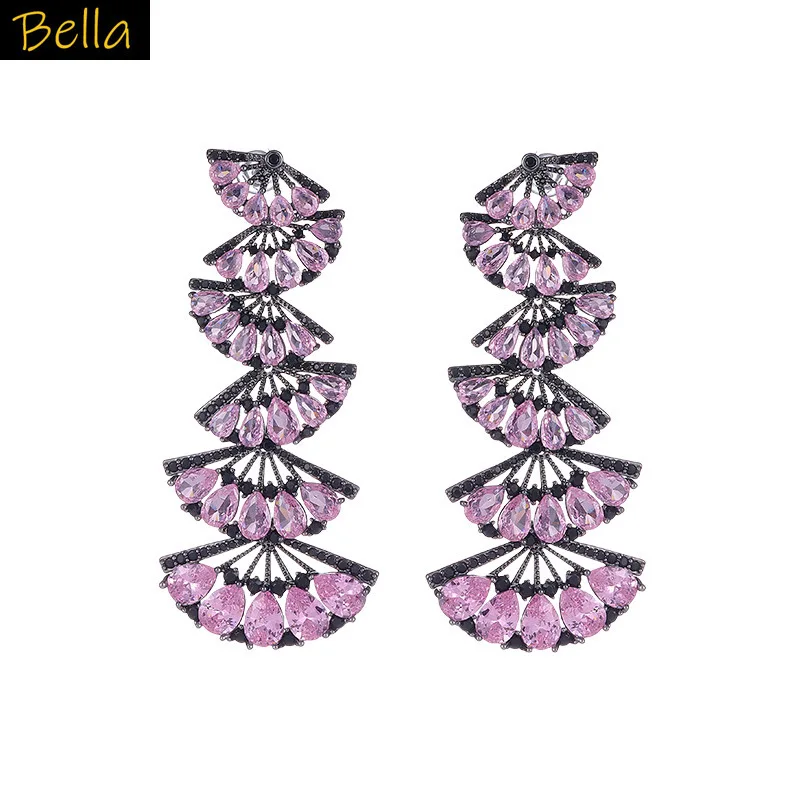 

luxury earrings for women zirconia jewelry pink colorful zirconia fan shape dangling earrings long dinner party unique design