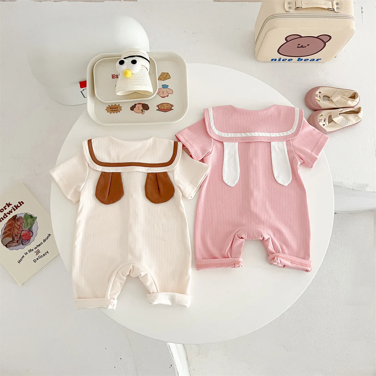 Korean 2024 Summer Baby Onesie Bear Rabbit Ear Jumpsuit Girl Clothes Suit For Girls Newborn Baby Things Newborn Photography