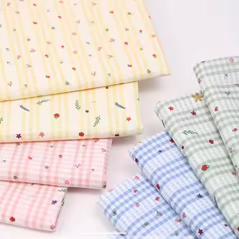 0.5m/1m/2m Grid Floral Printed Jacquard Fabric for Scene Decoration Dresses Curtains Tablecloths Handmade DIY Sewing Fabrics