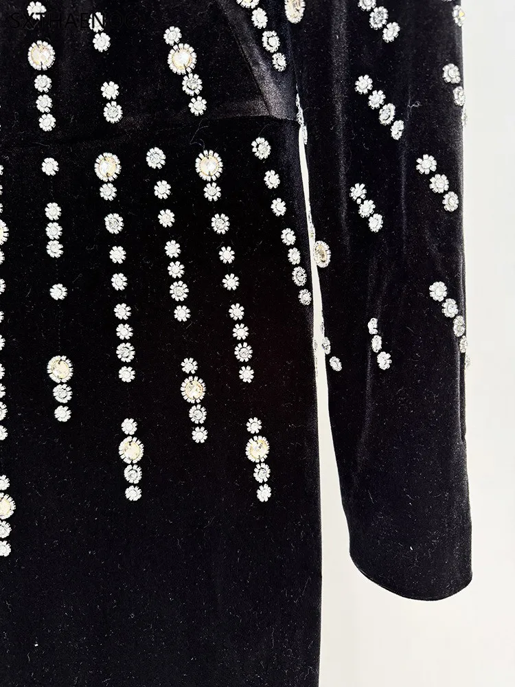 SXTHAENOO 2025 vestido de noche adornado negro de manga larga para mujer elegante vestido de fiesta de graduación de sirena con cuentas y cuello simulado