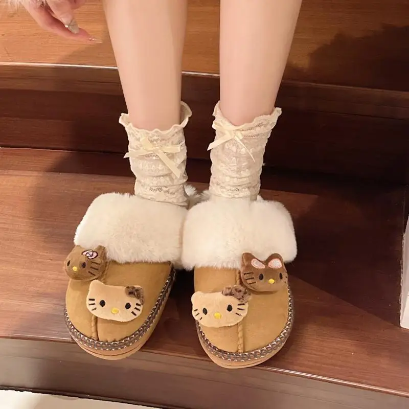 Kawaii Sanrio Hello Kitty Plush Doll Non-Slip Slippers Kawaii Warm Home Shoes Cute Outdoor Windproof and Cold-Proof Cotton Shoes