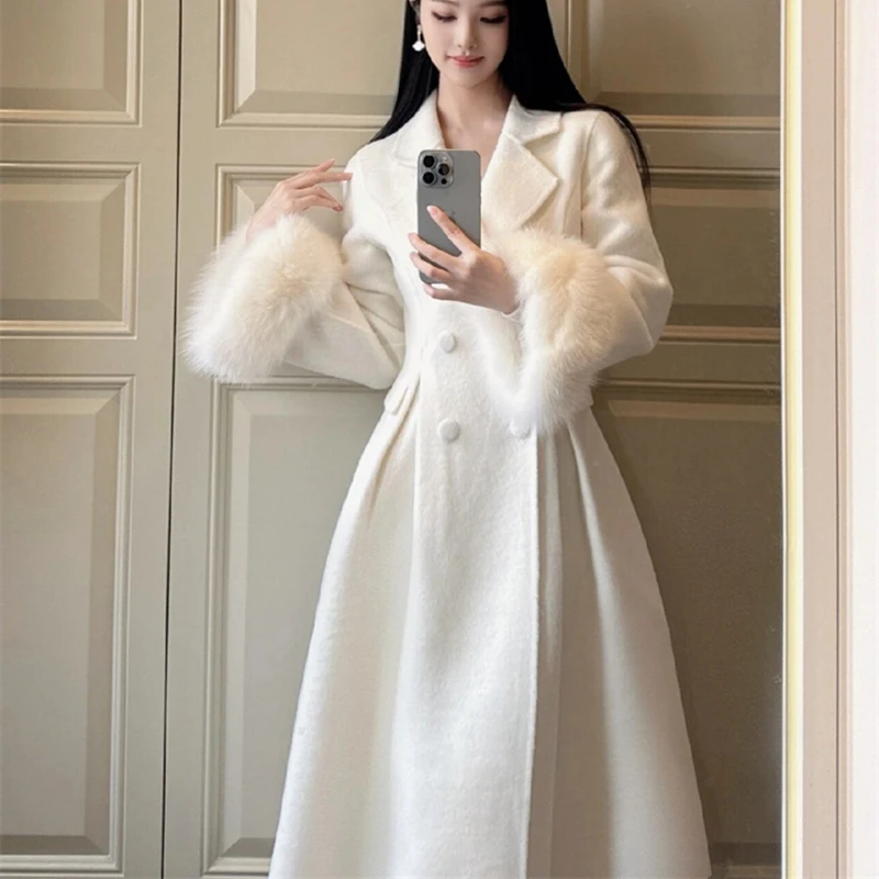 جديد إمرأة أنيق معطف صوفي غير رسمي خمر الصلبة Chic2025 الشتاء ملابس خارجية ملابس دافئة انفصال الكفة الشعر معطف الصوف سيدة