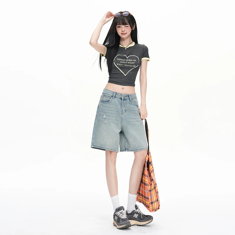 Women Trendy Denim Jeans Low Waisted Stretchy Bermuda Trousers Ripped Shorts Baggy Knee Length Slim Jorts Y2K Vintage Streetwear