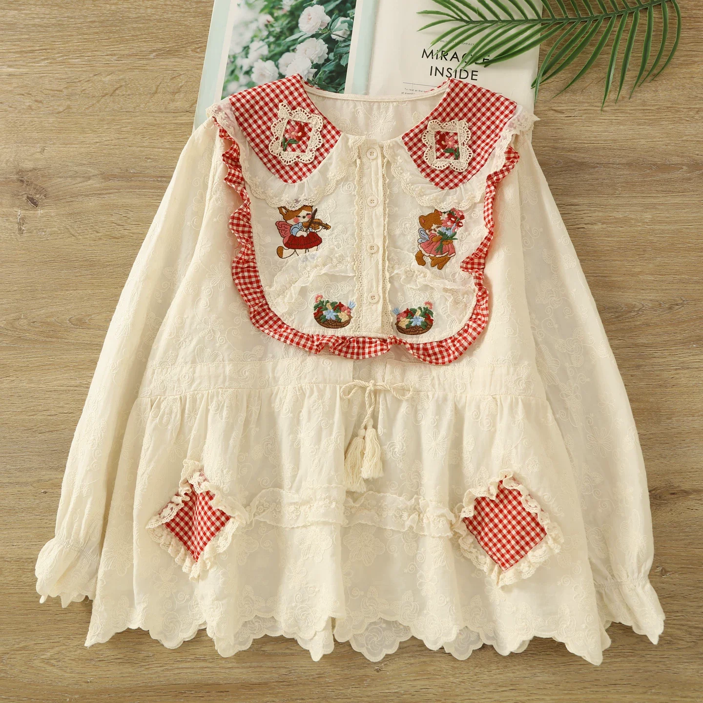 

2026 Молодежные женские блузки из 100% хлопка, зеленые, красные клетчатые кружевные лоскутные рубашки и блузки для женщин, милая одежда в стиле каваи