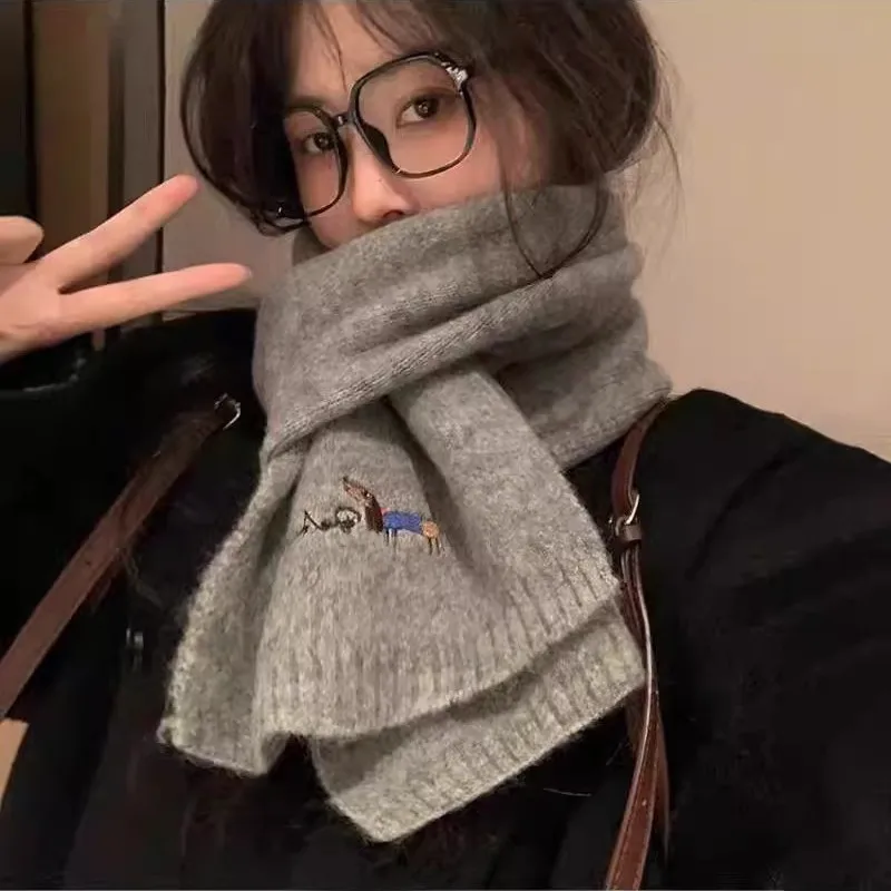 New puppy embroidered knitted scarf women's autumn and winter warm versatile solid color scarf