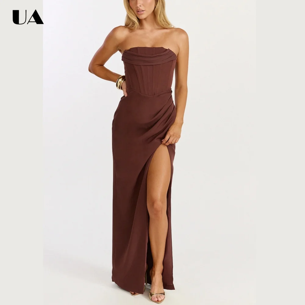 

ULBYANRN Sexy Corset High-slit Draped Prom Dress, Simple Strapless Long Evening Dress, Customized Solid Sleeveless Party Dress