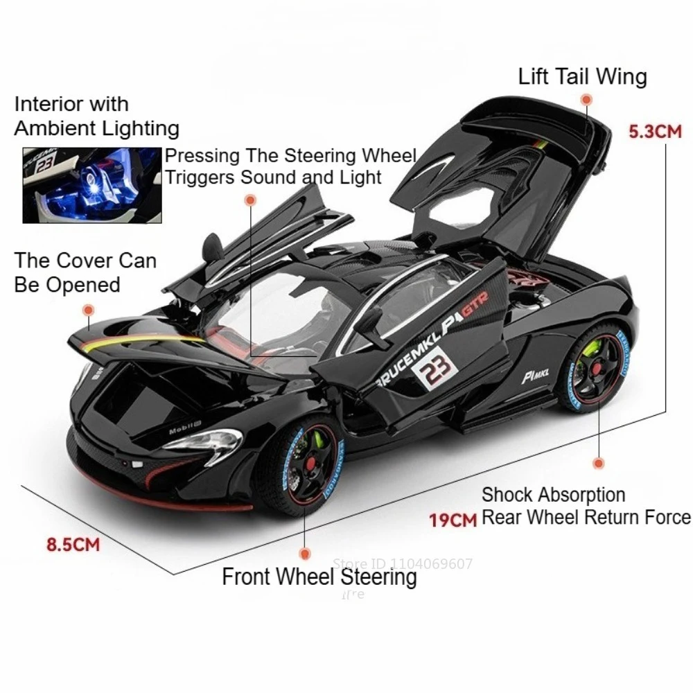 Modelo de Carro Esportivo Senna P1 em Escala 1:24, Miniatura de Supercarro em Liga Diecast com Som, Luz e Portas que Abrem, Item Colecionável