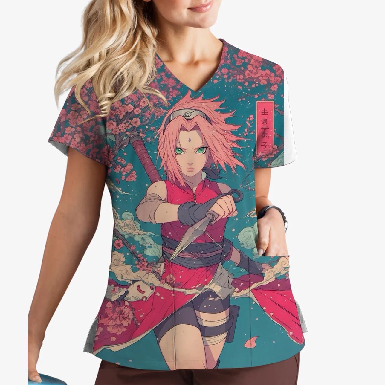 Tops con bolsillo de Anime con estampado de Naruto Sakura para mujer, ropa de trabajo Dental de manga corta para floristería, Hospital, ropa de trabajo para mujer