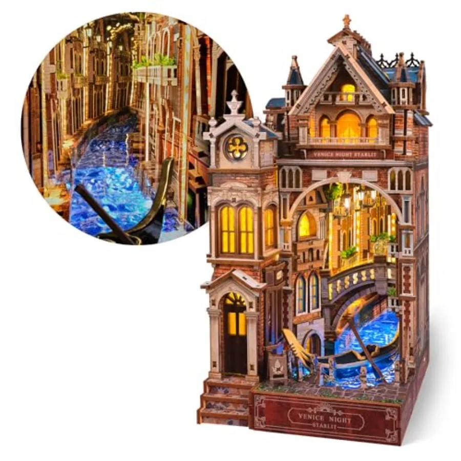 Venice Night Starlit Book Nook Kit LED 3D Wood Puzzle with Infinity Mirror DIY Bookshelf Decor Miniature Craft Gift for and Adu