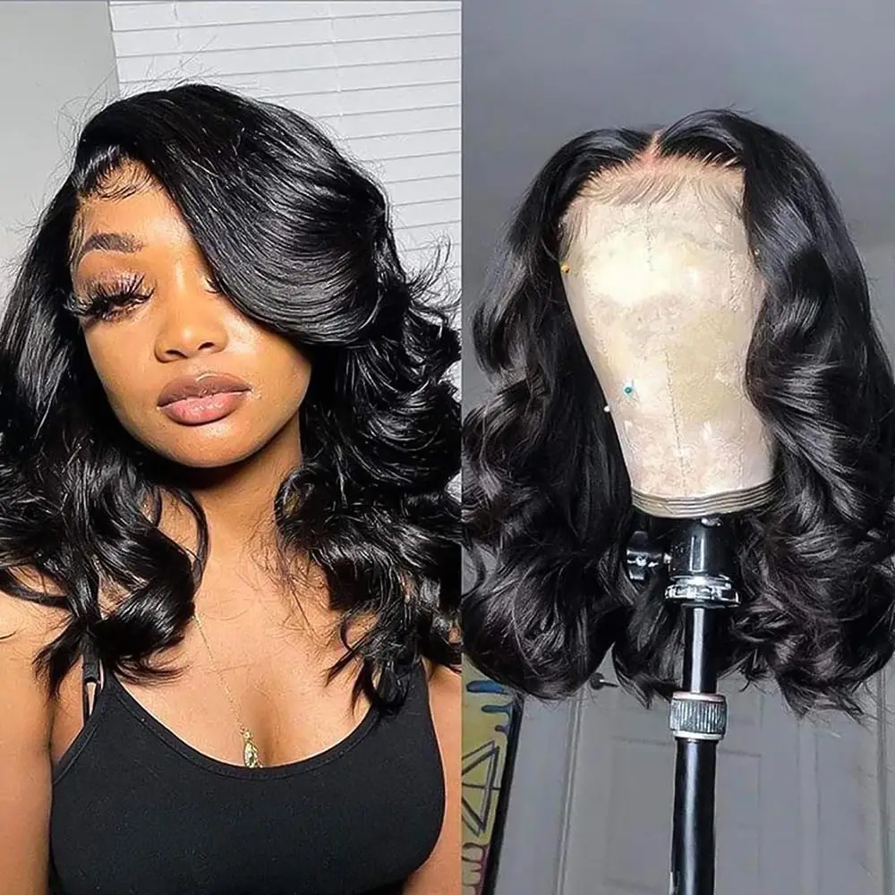 

14 Inch Bob Human Hair Wig Body Wave Lace Front Wigs Human Hair Pre Plucked HD Frontal Lace Wig 180 Density Glueless Wigs