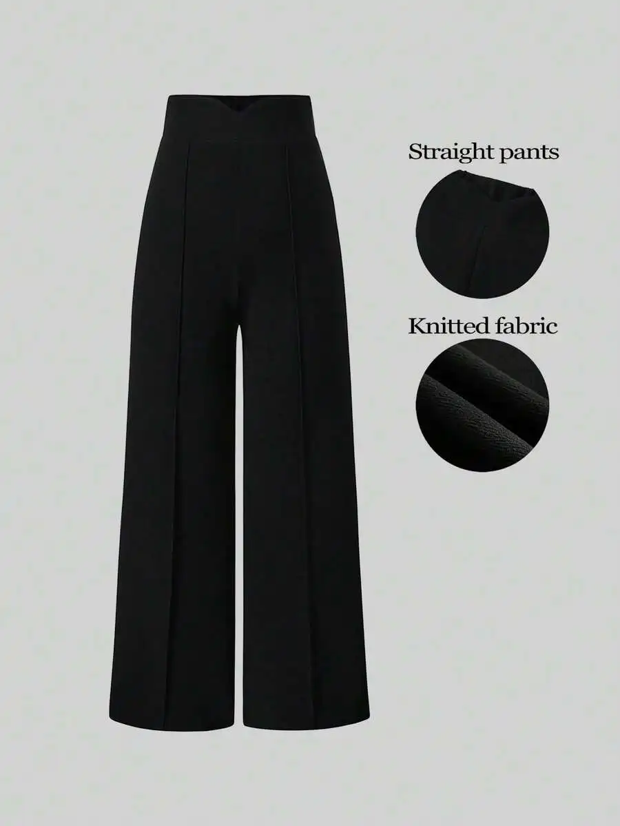 

Women's Black High Waist Straight Wide Leg Knitted Pants