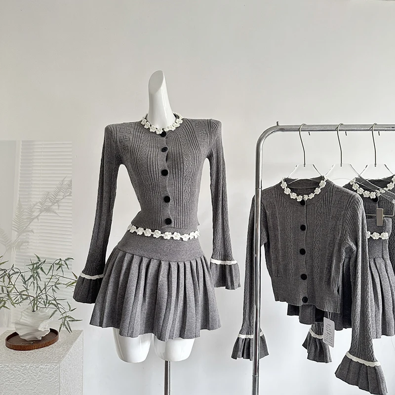 Korean style unique handmade crochet knitted trumpet sleeve top high waist slimming pleated half skirt two piece set