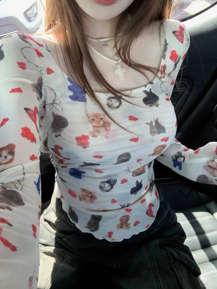 Y2k Aesthetic Cartoon Anime Print T-shirt Backless Long Sleeves Crop Tops Woman Slim Tshirt Streetwear Kawaii Clothes for Women