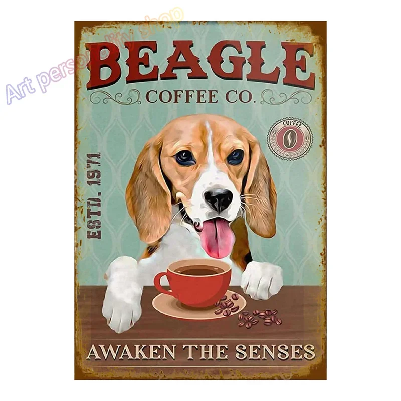 Vintage Beagle Dog Coffee Tea Metal Tin Sign Set Retro Funny Pet Wall Art Decor for Home Kitchen Bar Rustic Iron Painting Plaque