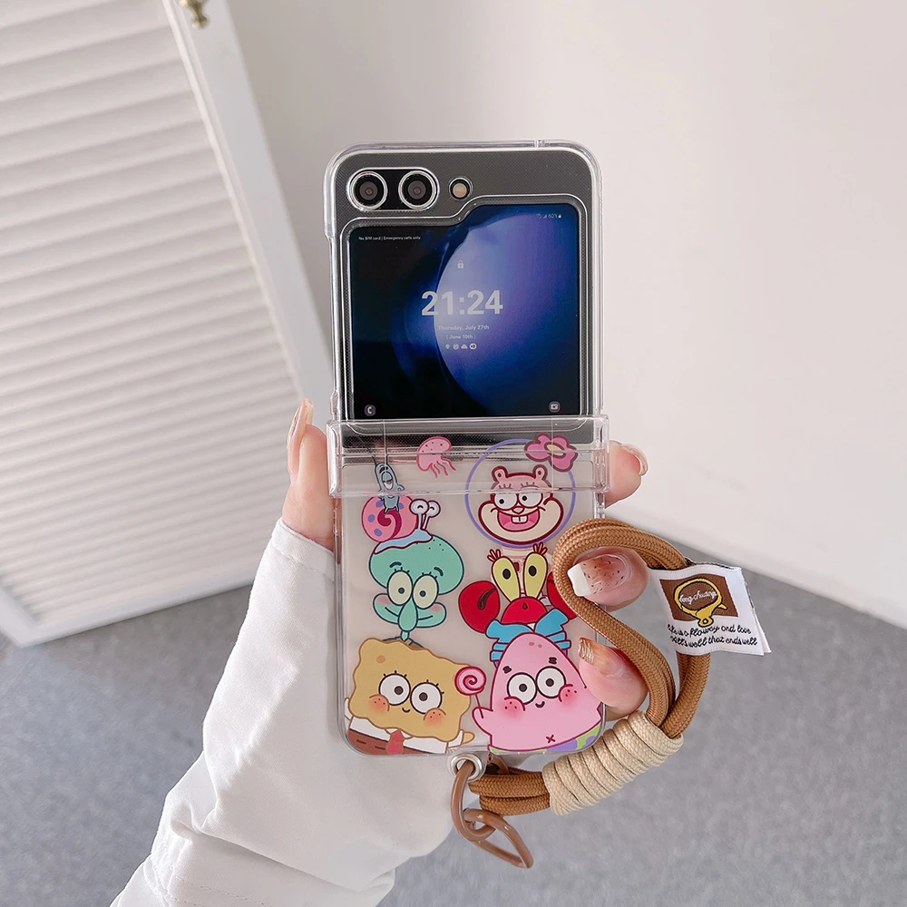 Funda de teléfono SquarePants SpongeBob Patrick Star para Samsung Galaxy Z Flip 7, cubierta trasera rígida de PC para Z Flip 6 5 4 con cordón