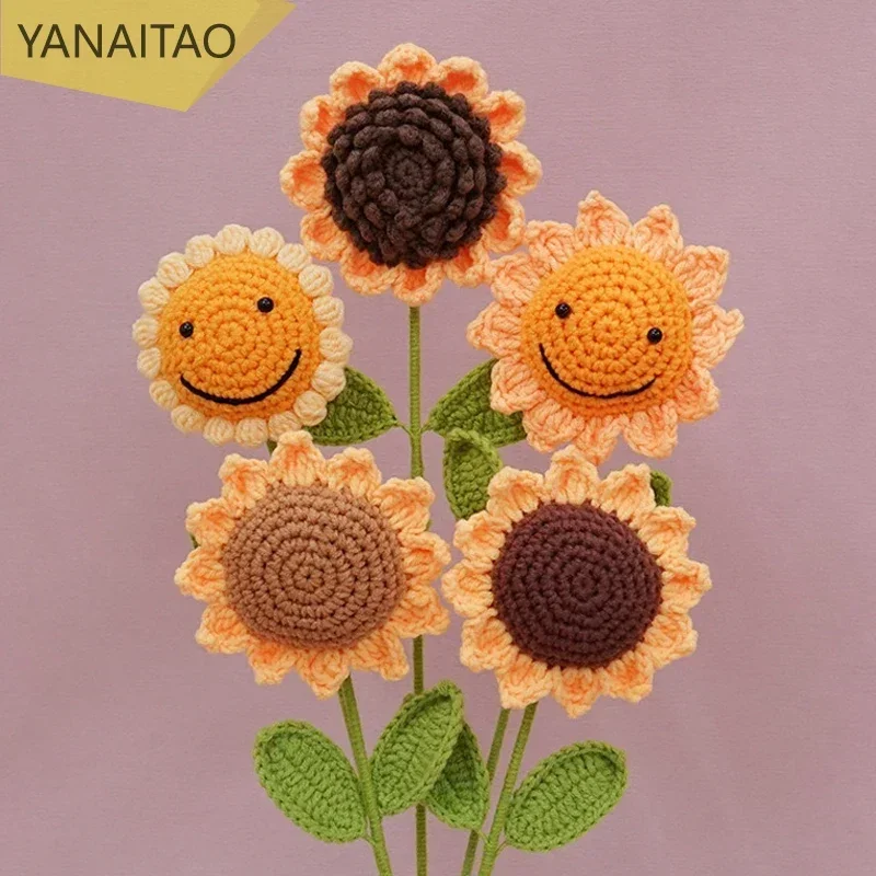 Handmade DIY Wool Crocheted Sunflowers High Simulation Artificial Fake Flowers Home Decoration Ornaments Finished Goods Bouquet