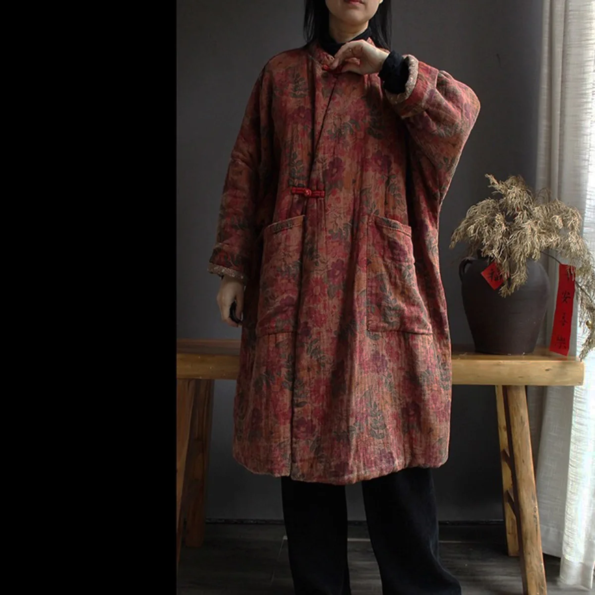 Originele katoenen bedrukte zachte gewatteerde jas dames herfst winter retro casual zachte warme losse kimono lange uitloper jassen met zak