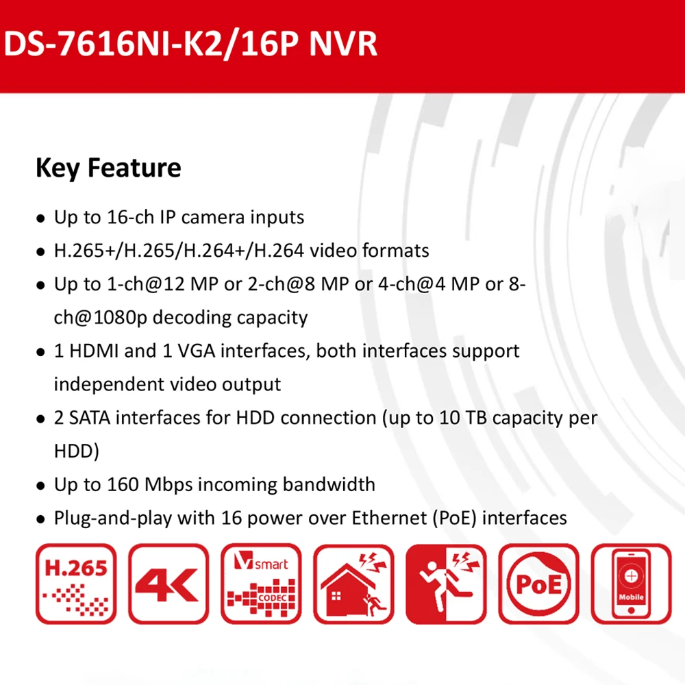 Vikylin 4K POE NVR Hik DS-7616NI-K2/16P OEM 16CH H.265 8MP POE NVR for IP Camera Support Two way Audio Hik-CONNECT Security NVR