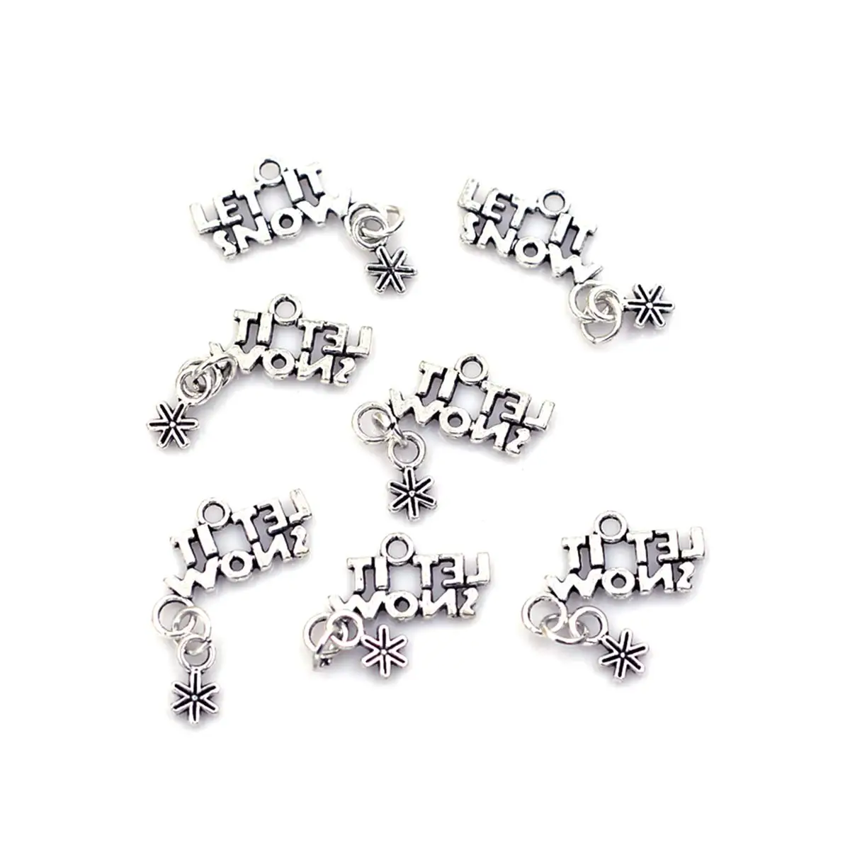 Vintage Silver Tone Snowflake LET IT SNOW Charm Pendants 28x23mm Winter Theme DIY Bracelet Jewelry Crafts Accessories 50PCS/lot