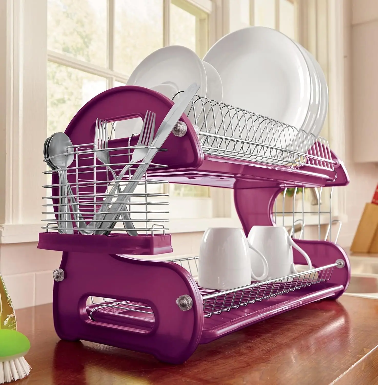 

Retro 2-Tier Dish Rack, Space-Saving Design, Durable Plastic and Chrome-Plated Wire, Easy Assembly (Purple Punch)