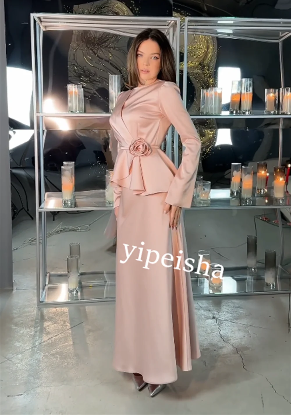 Jiayigong  Satin Flower Ribbon Christmas A-line Boat Neck Bespoke Occasion Gown Midi Dresses Saudi Arabia