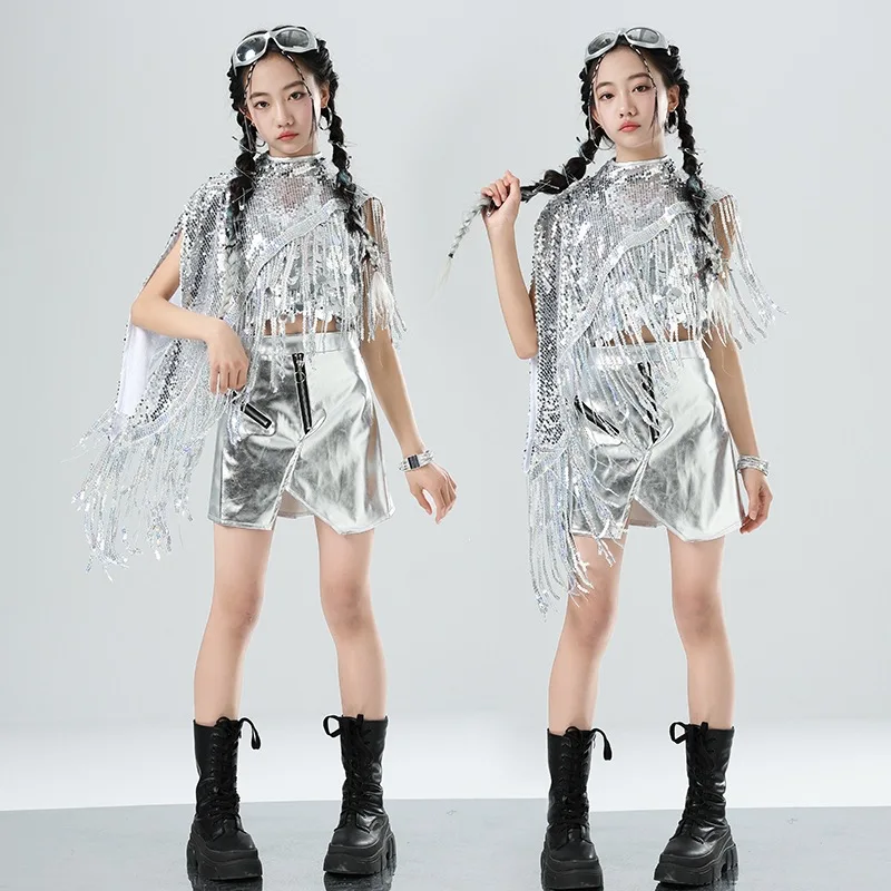 Kids Hip Hop Silver Shawl Sequin Tank Top Street Dance Skirts Girls Shiny Jazz Costumes Clothes Sets Children K-pop Streetwear