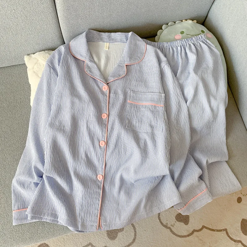 Image of Koreanischer Stil Frühling und Herbst Neue Wolkenbaumwoll-Pyjamas für Damen, Langarm-Cardigan mit Revers, Süßes und Niedliches Homewear-Set