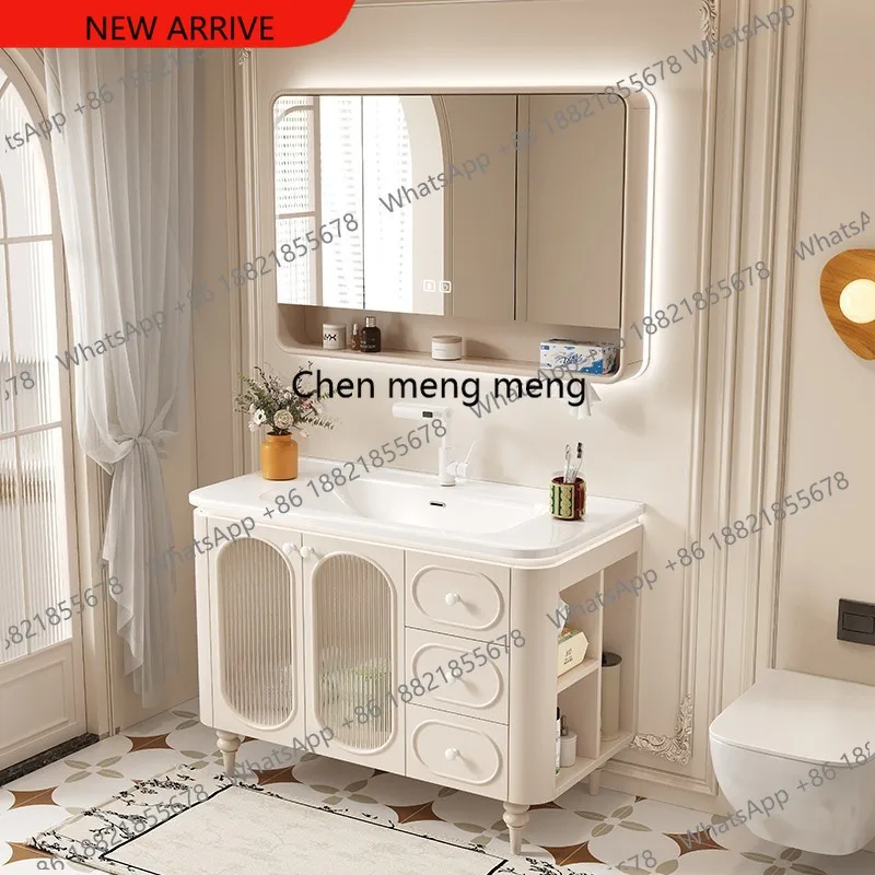 

Modern Minimalist White Bathroom Cabinets Ceramic Integrated Basin Solid Wood Floor Vanity Cabinet with Sink Bathroom Furniture