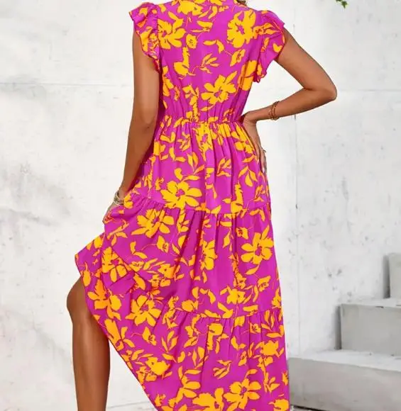 Nuovo abito estivo a trapezio casual con stampa floreale con scollo a V per donna, abito senza maniche a vita alta ampio alla moda ed elegante