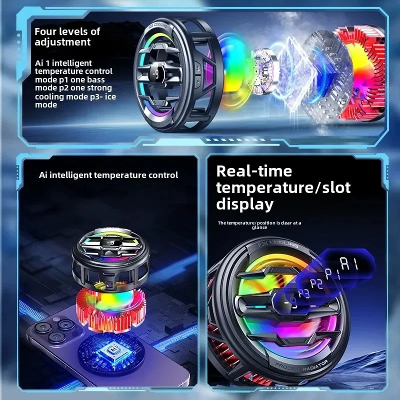 New Mobile Phone Cooler Magnetic Back-clip Radiator Game Cooler AI Temperature Display 4 Gears Adjustable for iPhone/Xiaomi