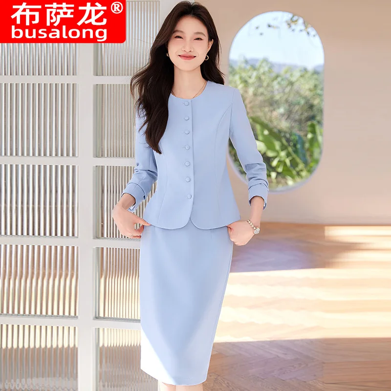 

2025Весенне-осенний синий костюм, комплект высокого класса, элегантная профессиональная рабочая одежда для приема на работу, модная облегающая рабочая униформа