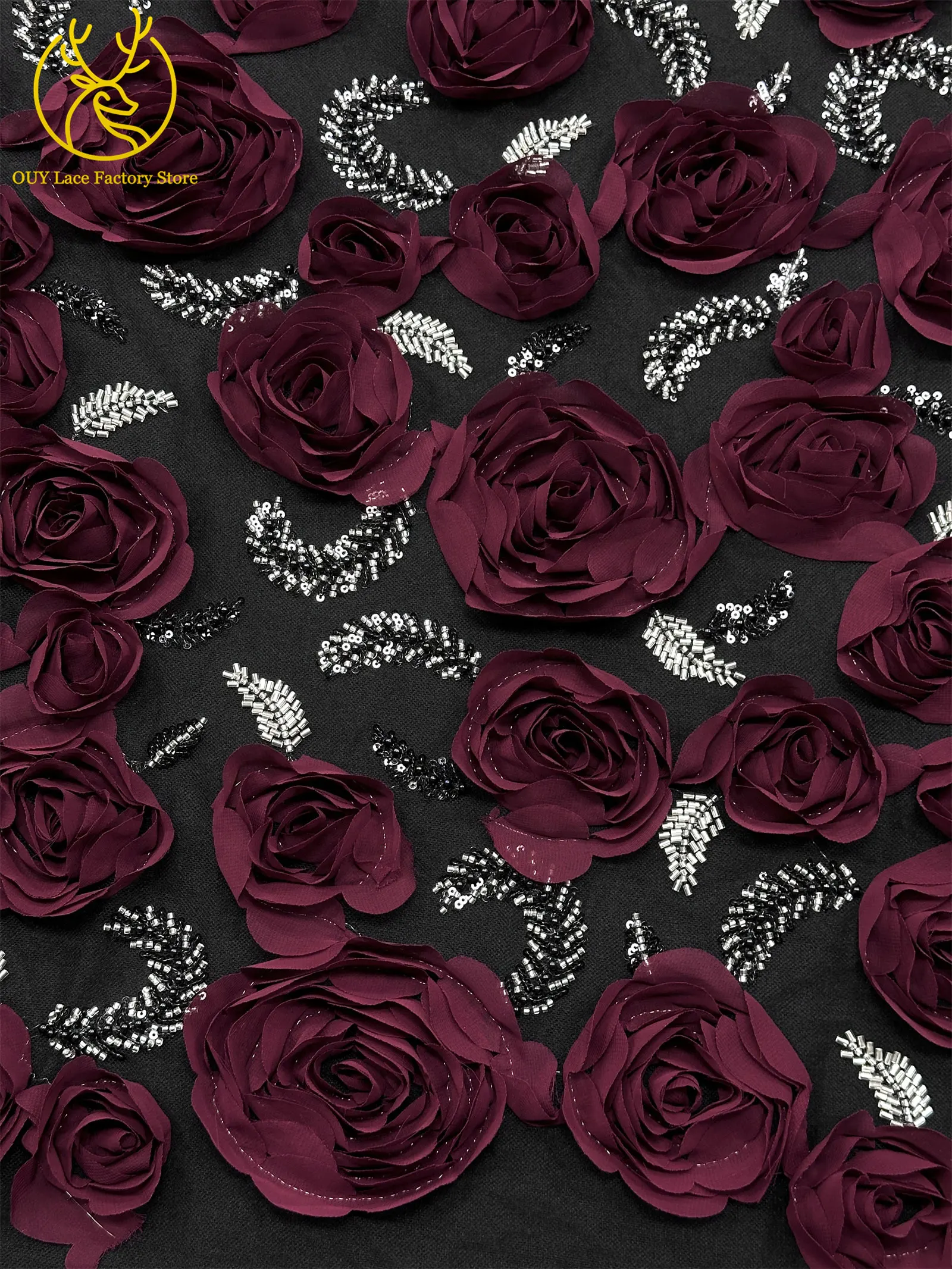 3D-Rosen-High-End Nigerianischer Tüll-Spitzenstoff 2026 – Hochwertiger afrikanischer Pailletten- und Perlen-Spitzenstoff für Brautkleider und Hochzeitskleider zum Nähen – Detail 7